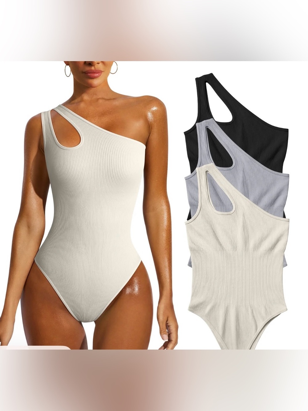 One-Shoulder Ribbed Bodysuit Top (3), Cream, Grey & Black